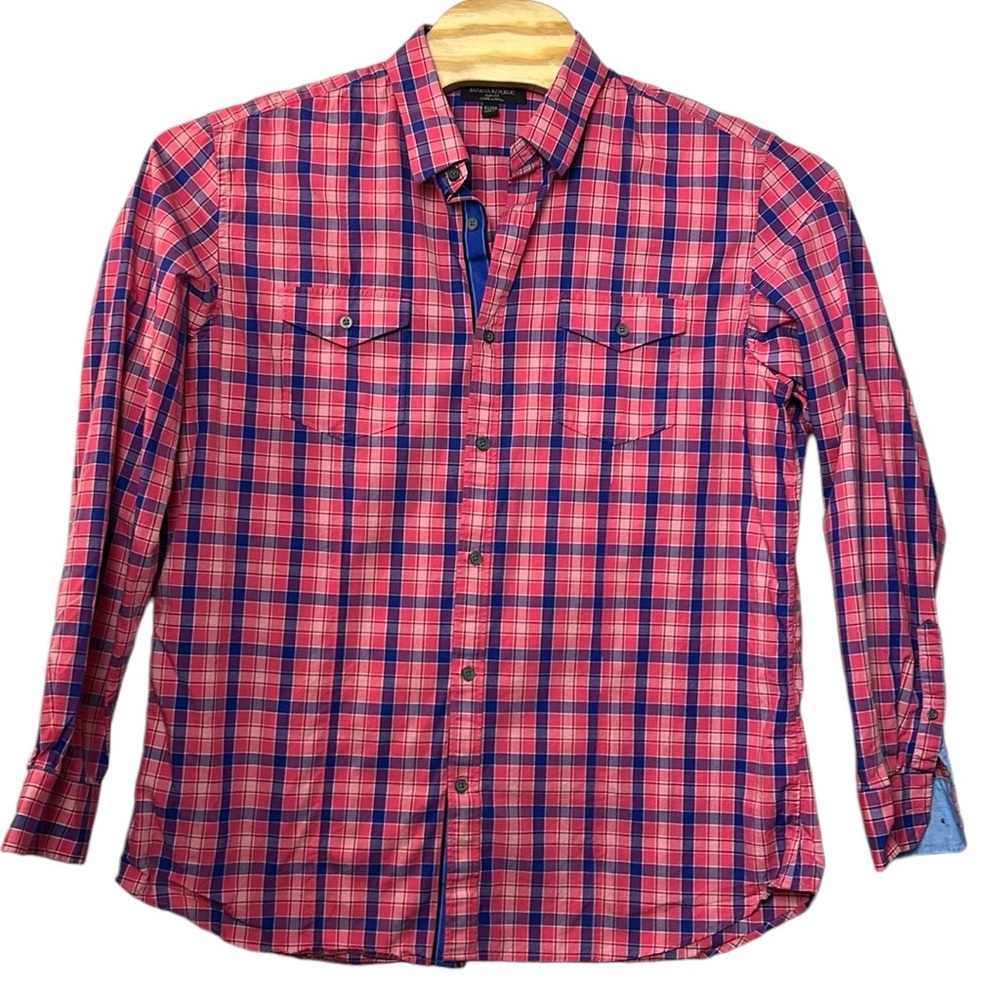 Banana Republic men’s shirt plaid XL pink blue button front slim fit pockets